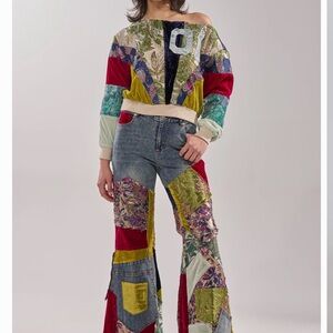 AKIRA Multicolor Patchwork Velvet Off-Shoulder Top & Patchwork Flare Jeans